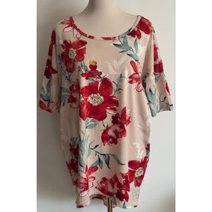 Women's LuLaRoe Tunic M Beige Red Floral Short Sleeve